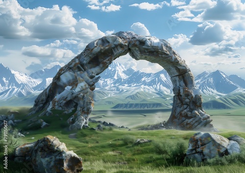 large arch middle grassy field stunning photogrammetry cloud desolate glacial landscape gates heaven entertainment archway valley white stones wasteland photo