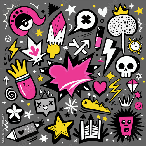 Charcoal graffiti doodle punk and girly shapes collection. Graphic design elements. Vector illustration
