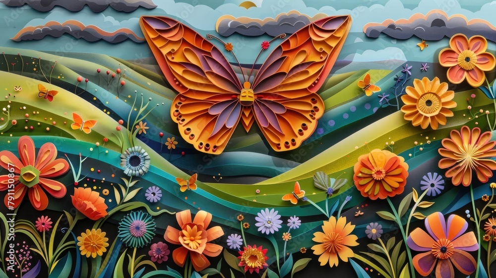 Delicate Papercut Butterfly Amidst Vibrant Wildflowers Field