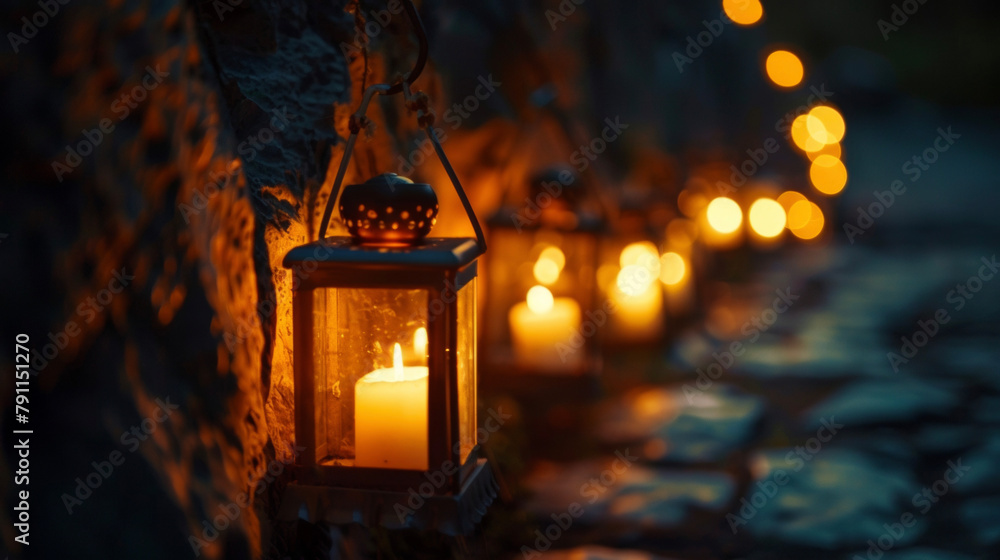 A string of flickering lanterns leads into a cave its depths shrouded in darkness and the sound of whispers echoing from within. . - obrazy, fototapety, plakaty 