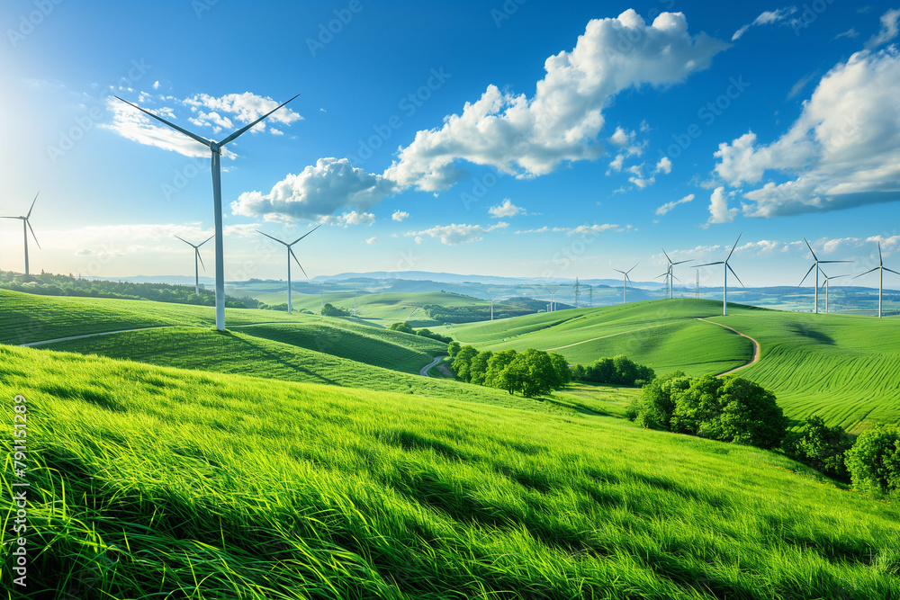 windmills on a wind farm in green ecological meadows and farmlands, generative AI