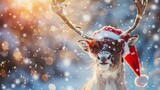 Cool Santa Claus reindeer with sunglasses, winter landscape, snowflakes and sun bokeh light