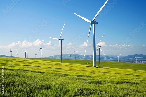 windmills on a wind farm in green ecological meadows and farmlands, generative AI