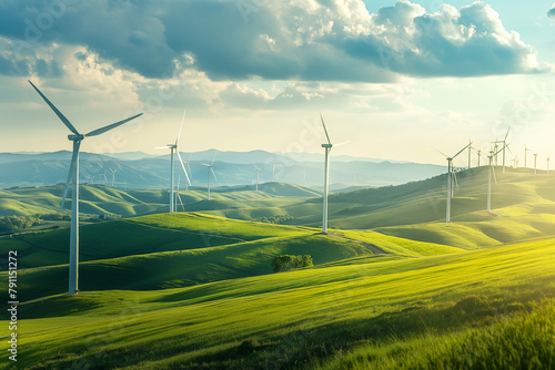 windmills on a wind farm in green ecological meadows and farmlands, generative AI