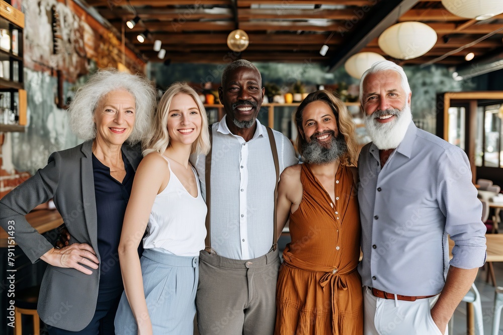 Group of multiethnic senior friends standing in cafe and smiling at camera
