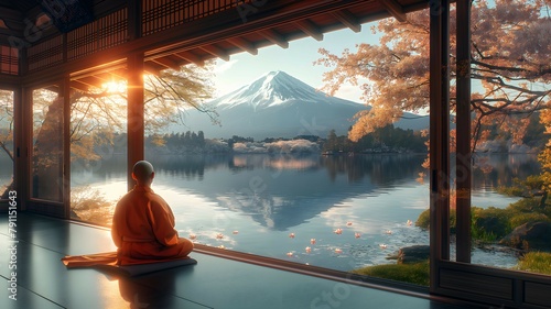 Meditation of a Zen / Buddhist Monk, surrounded by a traditional japanese landscape, atmospheric and moody landscape, pensive stillness within a mystic landscape. photo