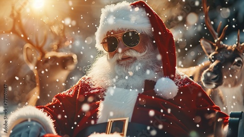 Cool Santa Claus with sunglasses sitting on Christmas sleigh, with reindeer, snowflakes and sun bokeh light © Vikarest