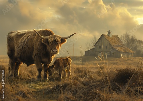two cows standing field barn background large creatures distance father figure mead hooves wings frame photo