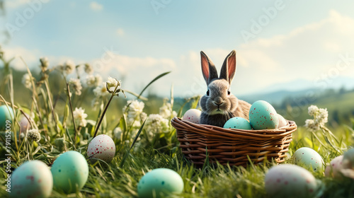 Beautiful Easter rabbit holds basket with colored eggs on nature. Image with sunlight effect