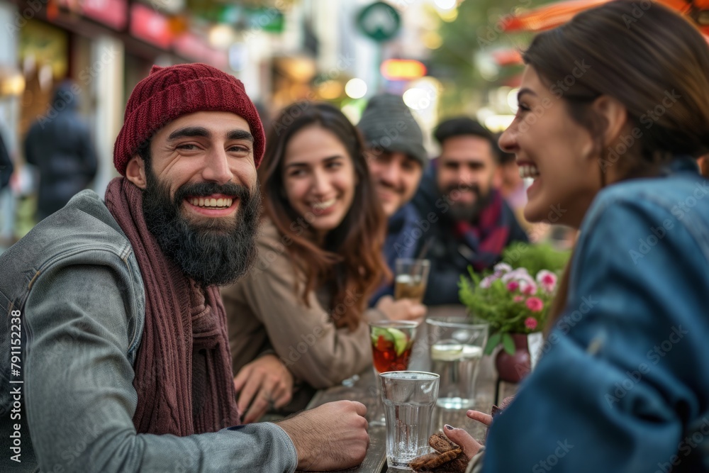 Group of friends having a good time in the city. They are sitting at a table and talking. Group of friends having a good time in the city. They are sitting at a table and talking.