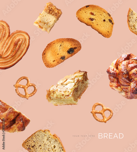 Creative layout made of sweet bread on the pink background. Food concept. Macro concept. (ID: 791152239)