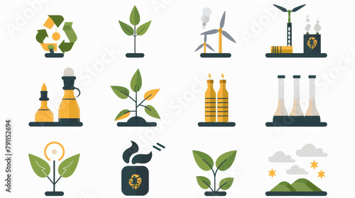 A collection of vector icons representing various aspects of green energy and environmental sustainability.
