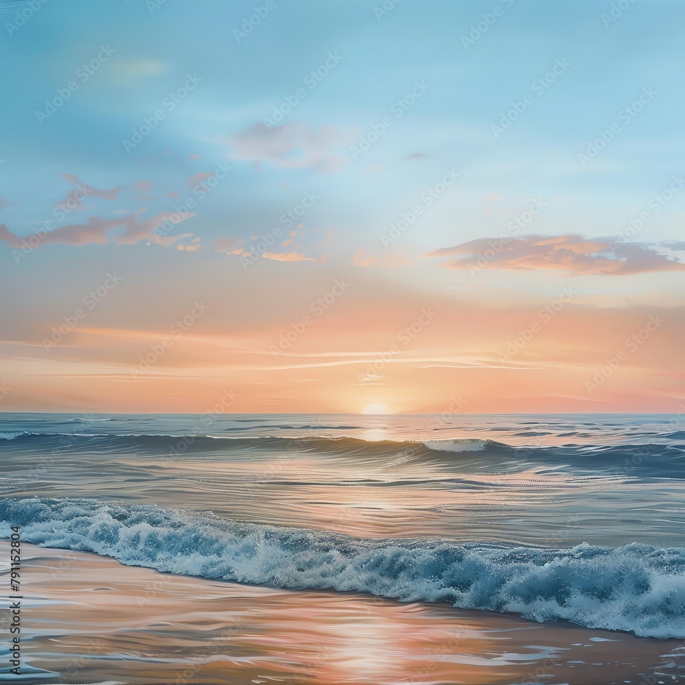 Tranquil beach sunset canvas, great for a master bedroom or spa-like bathroom, with soothing colors and the calm of the ocean horizon promoting relaxation and peace.