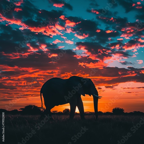 Tranquil elephant at sunset with a silhouette against a vibrant sky, great for a bedroom or meditation space, promoting peace and the beauty of nature. © Shining Pro