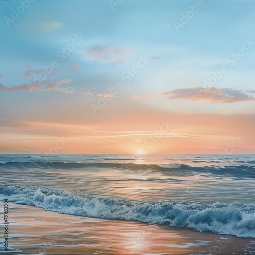 Tranquil beach sunset canvas  great for a master bedroom or spa-like bathroom  with soothing colors and the calm of the ocean horizon promoting relaxation and peace.