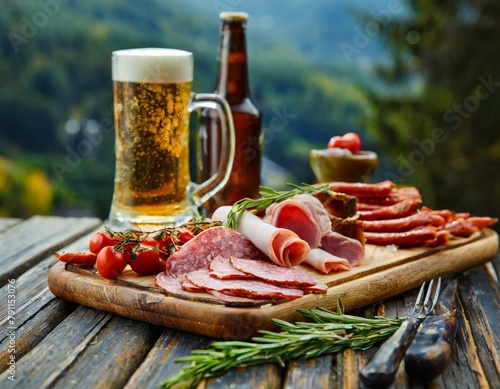 tabla de carnes frías y tarro de cerveza. photo