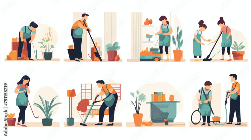 Collection of cute funny people doing housework. Se