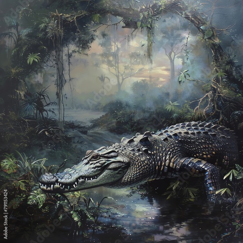 Dramatic riverbank scene featuring a stealthy crocodile  perfect for an adventurous living room or a wildlife-themed study  capturing the tension and raw power of nature.