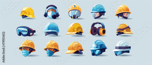 A set of colorful, detailed industrial safety helmets with attached masks and goggles on a light grey background. photo