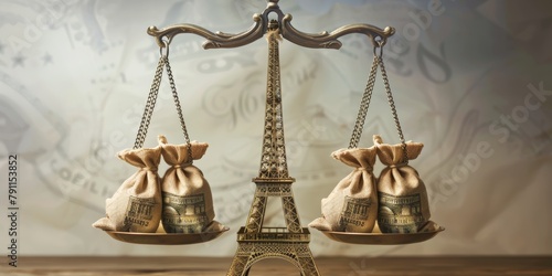 Artistic scale showcasing bags of money with the Eiffel Tower backdrop