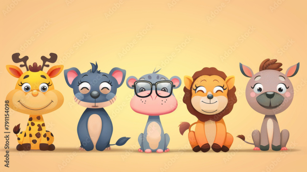 Naklejka premium Adorable group of cartoon safari animals, including a giraffe, elephant, lion, and deer, illustrated against a warm background.