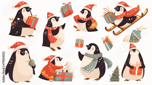 Collection of cute penguins wearing different winte