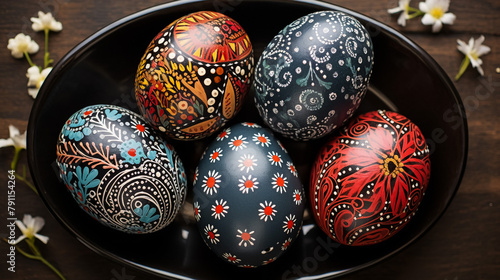 Easter eggs in a wooden plate on a green background photo