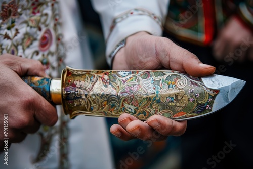 hands holding a beautifully decorated knife for the sacrifice ritual on Eid al-Adha, emphasizing detail and tradition