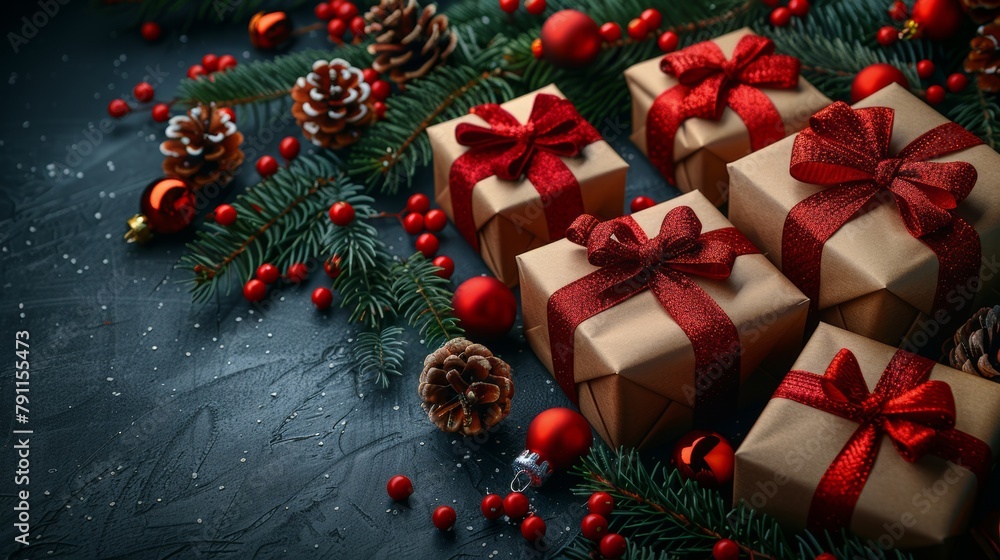 Three Wrapped Presents Surrounded by Christmas Decorations Three Wrapped Presents Surrounded by Christmas Decorations