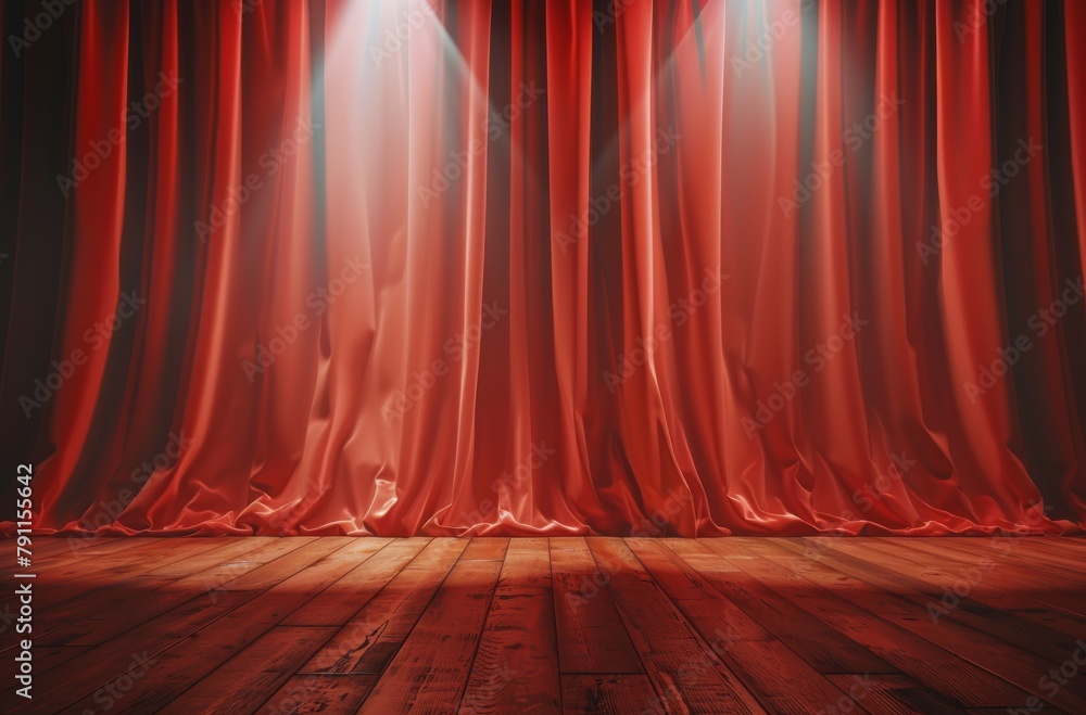 An Empty Stage With Red Curtain and Spotlight - obrazy, fototapety, plakaty 