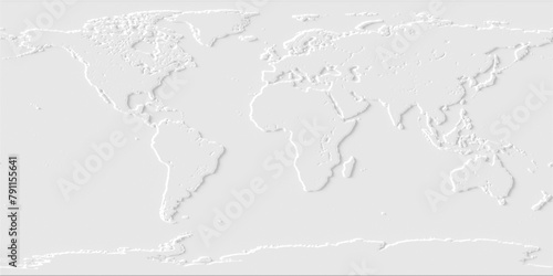 3D illustration of a world map. White world relief map.