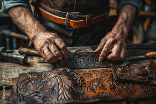 The man is using his fingers and thumbs to craft a piece of leather art on a table. He is working in a workshop, surrounded by wood, tools, and machines