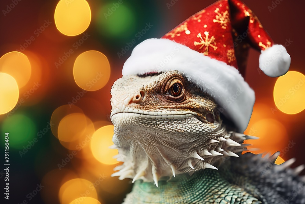 Naklejka premium bearded dragon in a santa hat with festive background bokeh