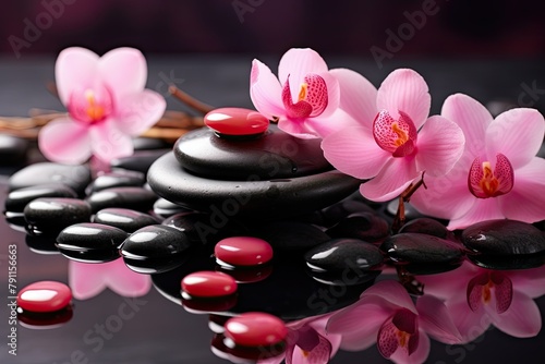 tranquil spa concept with orchids and black stones reflection