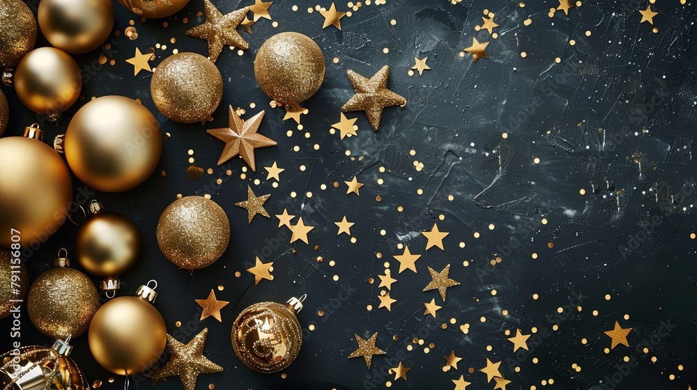 Gold ornaments (christmas baubles and stars) on dark table background, top view flat lay --ar 16:9 Job ID: 93002899-1658-46cf-ab85-d7f57047c37b Gold ornaments (christmas baubles and stars) on dark table background, top view flat lay --ar 16:9 Job ID: 93002899-1658-46cf-ab85-d7f57047c37b