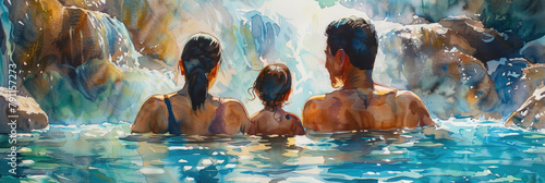 A painting depicting three individuals immersed in a pool of water, engaging in various activities
