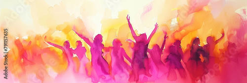 An abstract painting depicting a gathering of individuals in vibrant colors and dynamic brush strokes, showcasing a sense of movement and community