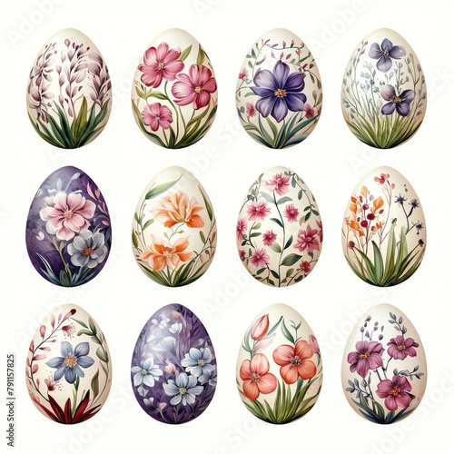 Vector illustration, set of easter eggs. Gorodets painting stylization. Russian native floral ornaments