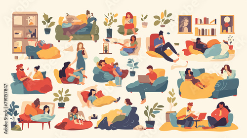 Collection of different people relax in cozy bedroo