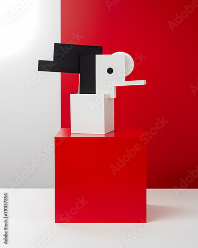 De Stijl Inspired Abstract Painting: Geometric Composition of Rectangles and Squares in Red and White photo