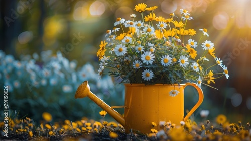 Fototapeta Naklejka Na Ścianę i Meble -  Yellow Watering Can With Daisies