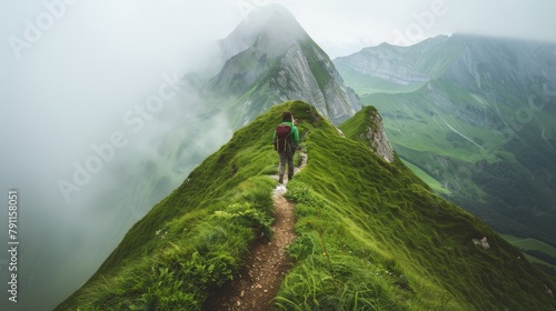 Man Hiking Up Green Mountain in Fog