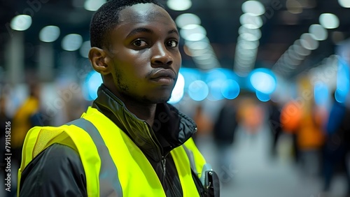 Security guard in neon yellow vest working at an event. Concept Security Guard, Neon Yellow Vest, Event, Safety Personnel, Public Gathering