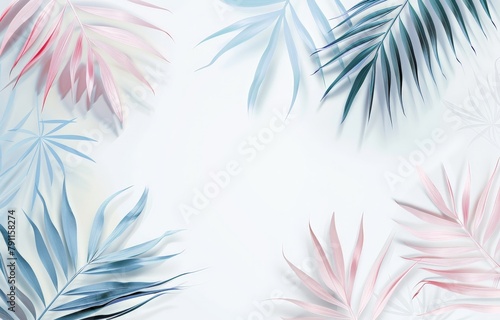 White Background With Blue and Pink Leaves © ArtCookStudio