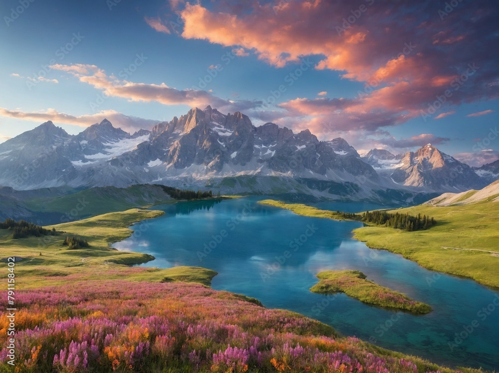 Serene landscape unfolds featuring vast, tranquil lake reflecting skys hues, nestled amidst rolling hills adorned with vibrant patches of pink wildflowers; in distance.