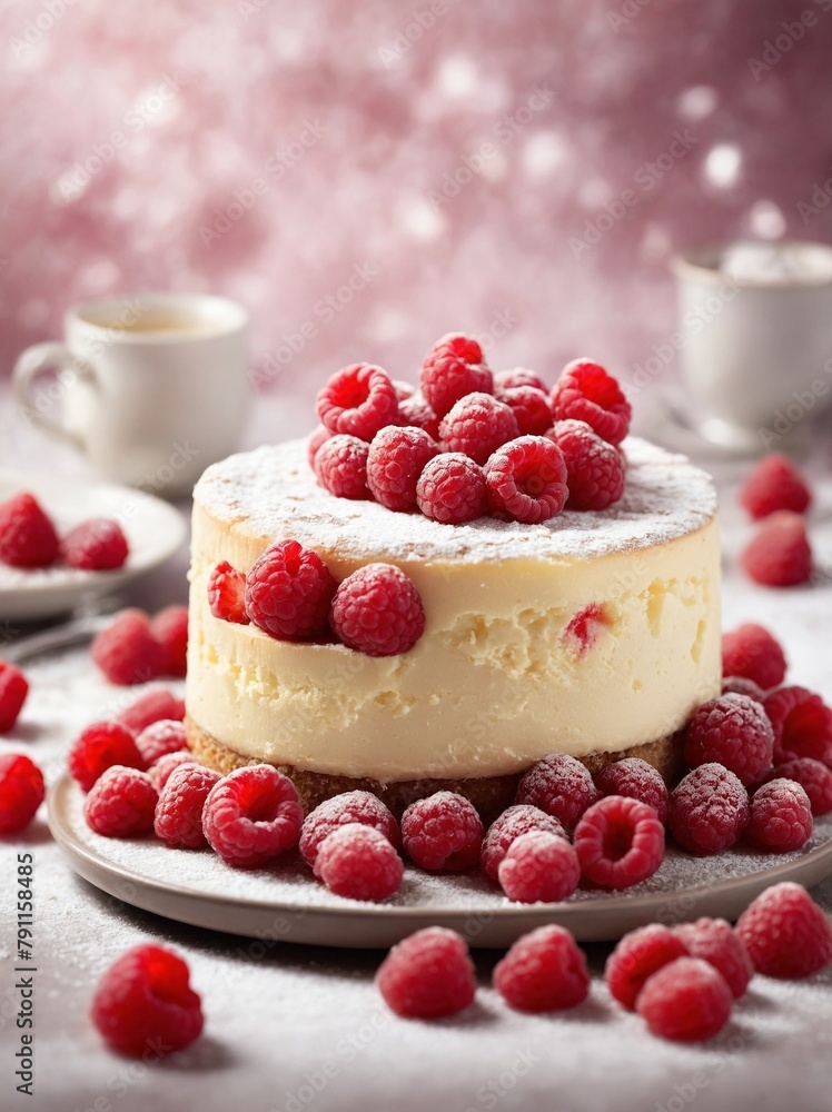 Round, creamy cheesecake, topped with generous amount of fresh raspberries, sits invitingly on red plate. Dessert dusted with powdered sugar, adding delicate touch to its appearance. Round, creamy cheesecake, topped with generous amount of fresh raspberries, sits invitingly on red plate. Dessert dusted with powdered sugar, adding delicate touch to its appearance.