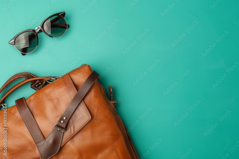Naklejka premium Tourist travel bags on a simple background summer season holiday vacation travelling exploring cultures countries luggage baggage travel agency trip journey tour concept sunbathing beach offshore