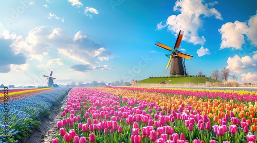 Panorama of landscape with blooming colorful tulip field, traditional dutch windmill and blue cloudy sky in Netherlands --ar 16:9 Job ID: 0d32cdee-d843-4f0e-a31e-937cfec28dd0 photo