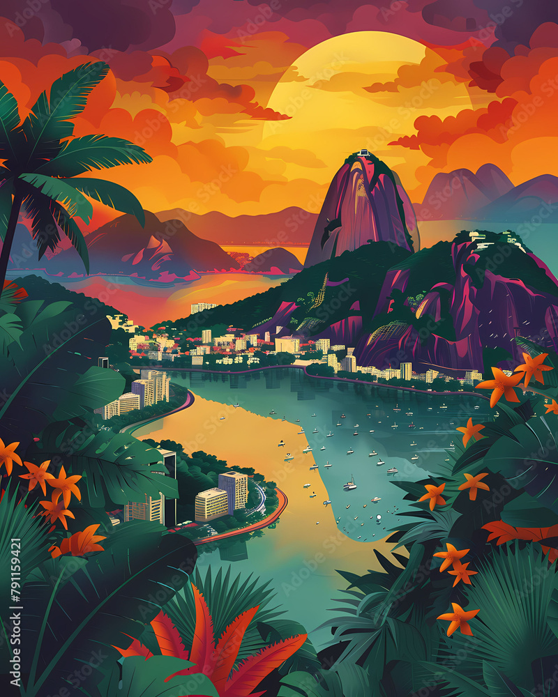 Fototapeta premium Vibrant Artistic Cityscape of Rio de Janeiro with Palm Trees, Landscapes, and Mountains