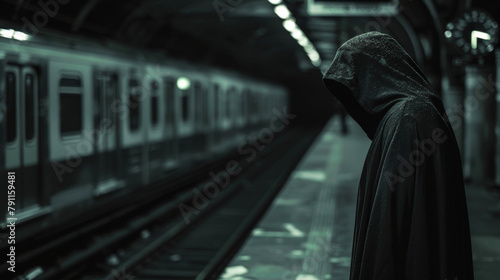 A cloaked figure stands at the edge of a train platform his face obscured by shadows as he waits for a fateful arrival. . photo